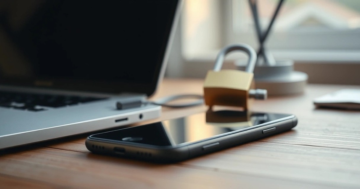 Смартфон, ноутбук и навесной замок на рабочем столе как символ защиты данных